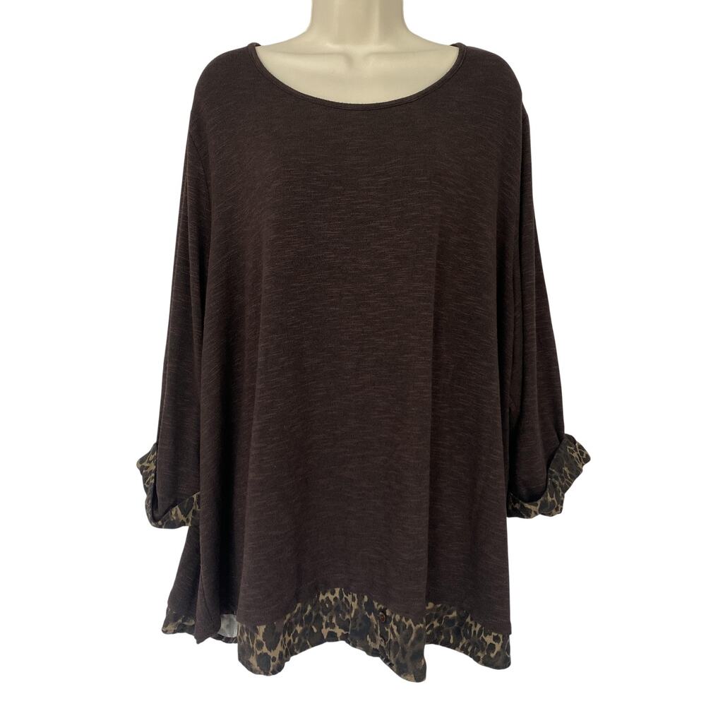 Catherines Tunic Sweater 3X Brown Animal Print TwoFer Layered Slub Knit Mobwife